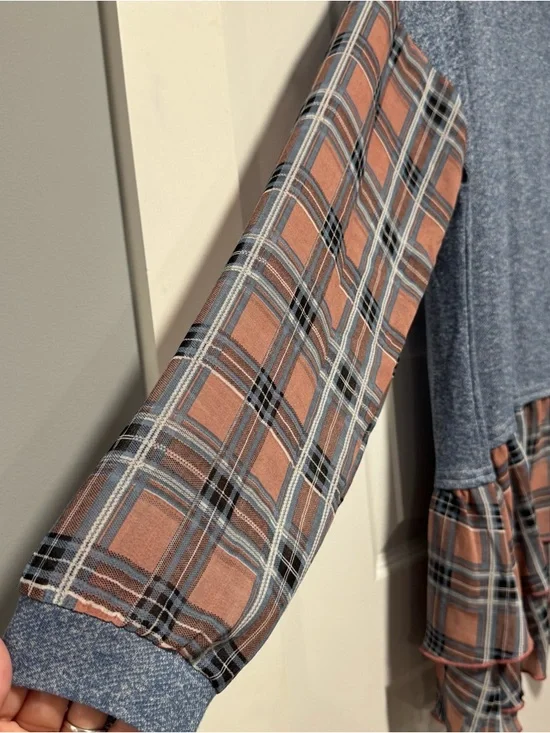 Umgee Blue Knit Top with Brown Plaid Ruffle Details - Picture 3 of 10